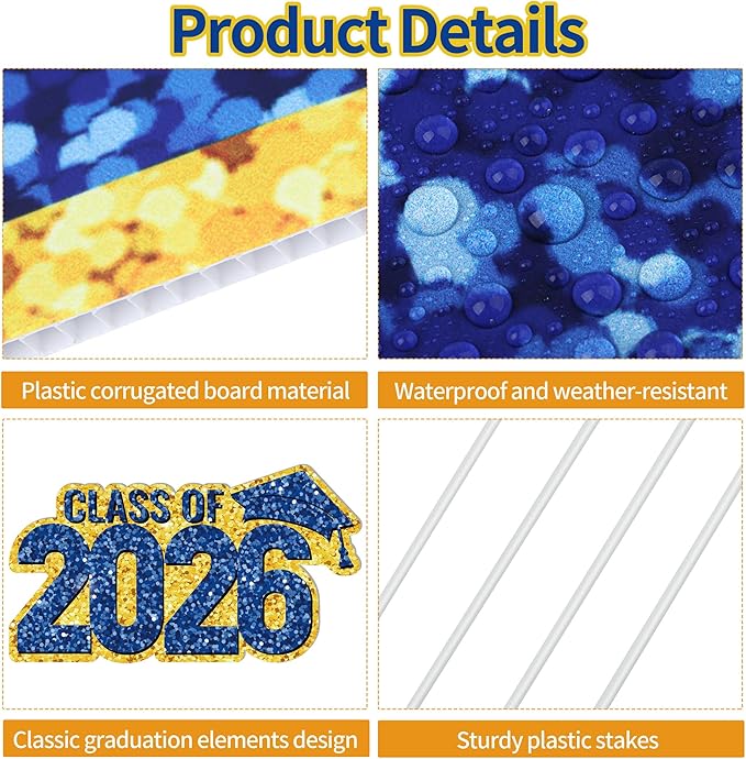 ANVAVO 2026 Congrats Grad Yard Signs Graduation Waterproof Decorations Graduation Yard Sign Decorations Grad Party Outdoor Lawn Decor with Stakes, Royal Blue and Gold