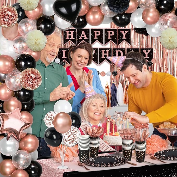 273 Pcs Rose Gold and Birthday Decorations, Birthday Decorations for Women or Girl Kit - Banner, Balloon, Tiara, Sash, Tableware with Rose Gold Dot and Black for 25 Guests