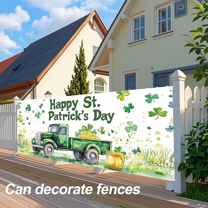 St. Patrick’s Day Garage Door Banner 7x16FT, Green Truck & Shamrocks Garage Door Cover, Festive Outdoor Decoration for St. Patrick’s Day Parties and Yard