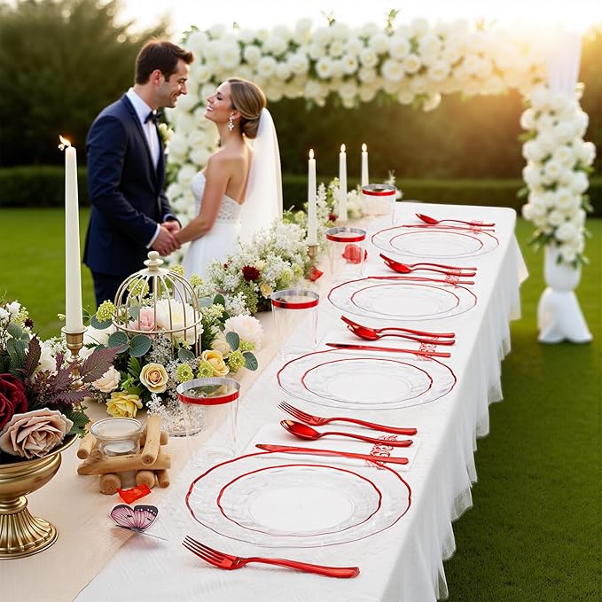 LIYH 700 Pcs Red Plastic Dinnerware Set for 100 Guests, Disposable Plastic Wavy Red Plates Include Dinner & Dessert Plates,Napkins,Cups,Cutlery for Party Valentine's Day and Mother's Day 100 Guests