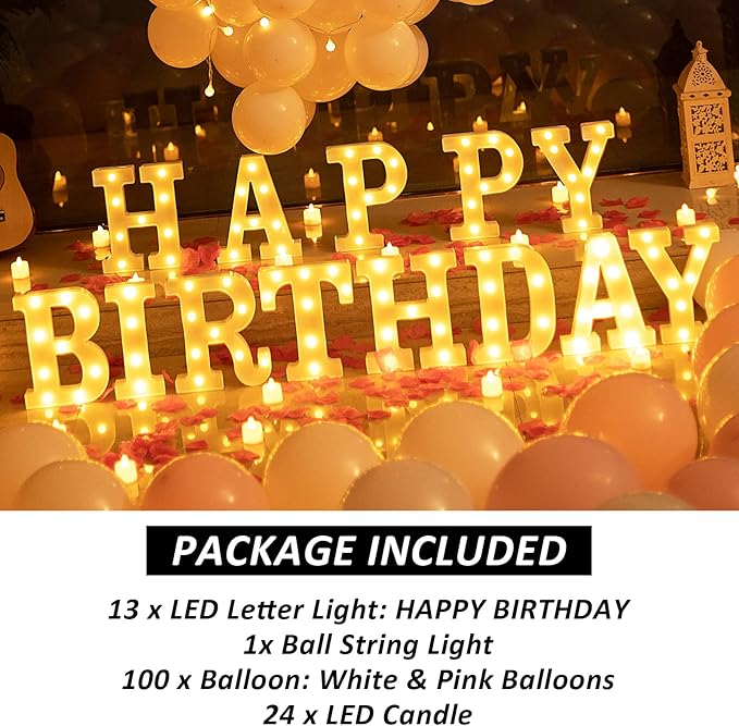 138pcs Happy Birthday Marquee Light Up Letters- LED Letter Number Light Sign with Round Light Balloons Decoration for Birthday Home Table Decor White