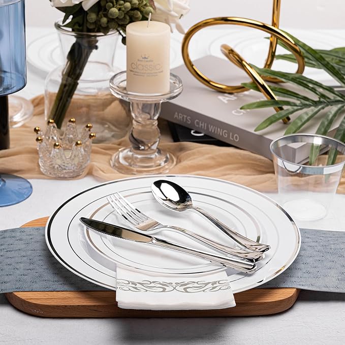 N9R 700PCS Silver Disposable Dinnerware Set for 100 Guests, White Plastic Plates with Silver Rim, Include 100 Dinner & Dessert Plates, Plastic Silverware Set, Cups, Napkins for Party and Wedding