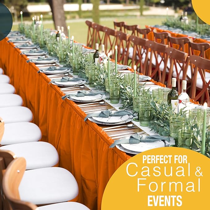 Exquisite Ruffle Table Skirt Orange 12 Pack 14 Ft Long Table Skirts for Rectangle Tables 6ft Plus or Round Tables Skirts with Adhesive Strip for Gender Reveal Decor & Happy Birthday Parties