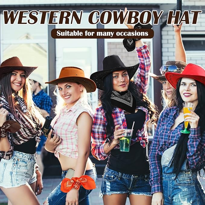Coume 10 Set Cowboy Hat and Bandana for Women Men 10 Felt Cowgirl Cowboy Hat Bulk 10 Western Bandanas for Adult Costume Party