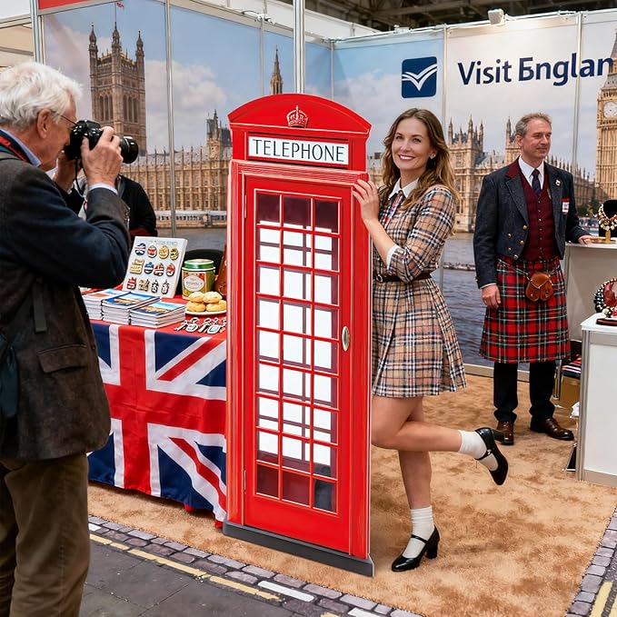 6 Ft Red British Phone Booth Cardboard Cutout English Telephone Booth Stand up Cutout Life Size Classic Red Telephone Box Prop for British Theme Birthday Party Graduation Office Event Decor