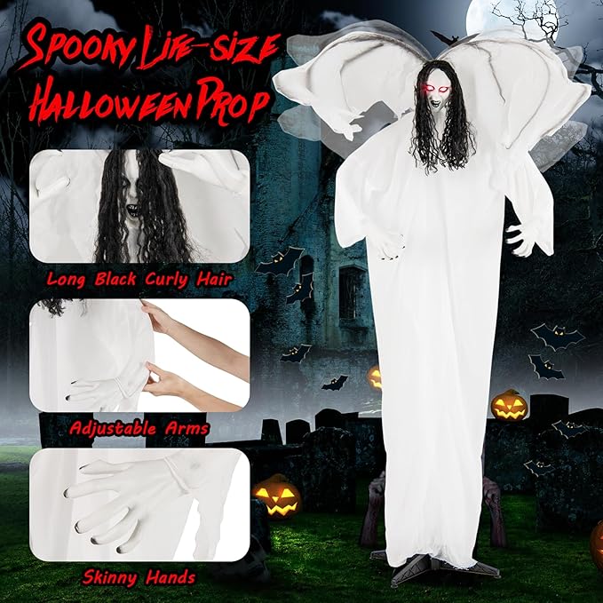 BECOMFORT 6.6 FT Halloween Animatronics, Sound-Activated Standing Angel with Flapping Wings, Glowing Eyes, Creepy Sounds & Posable Arms, Animated Halloween Props Decoration for Indoor & Outdoor