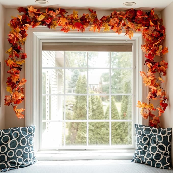 CQURE 14 Pack Fall Leaf Garland, Total 82.6Ft Artificial Fall Vines Autumn Garland Fall Maple Leaves Thanksgiving Decor for Home Wedding Fireplace Party