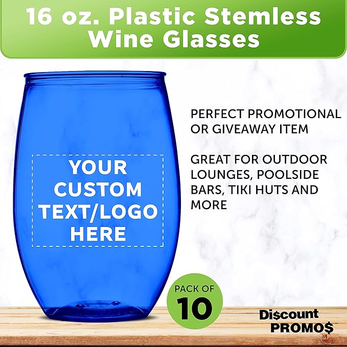 Custom Plastic Stemless Wine Glasses 16 oz. Set of 10, Personalized Bulk Pack - BPA Free, Great for Outdoor Lounges, Poolside, Parties and Other Events - Blue