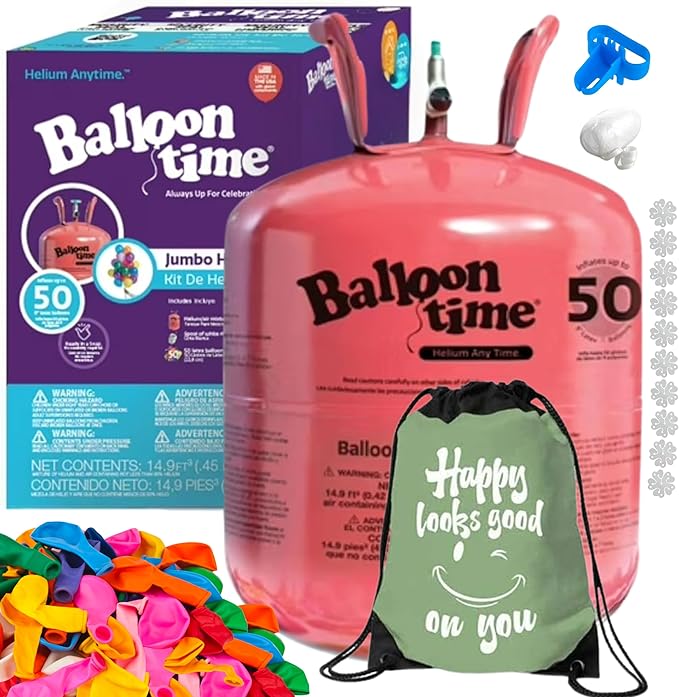 Blue Ribbon Balloon Time Disposable Helium Tank 14.9 cu.ft - 50 Latex Balloons + Balloon Tying Tool + Curling Ribbon