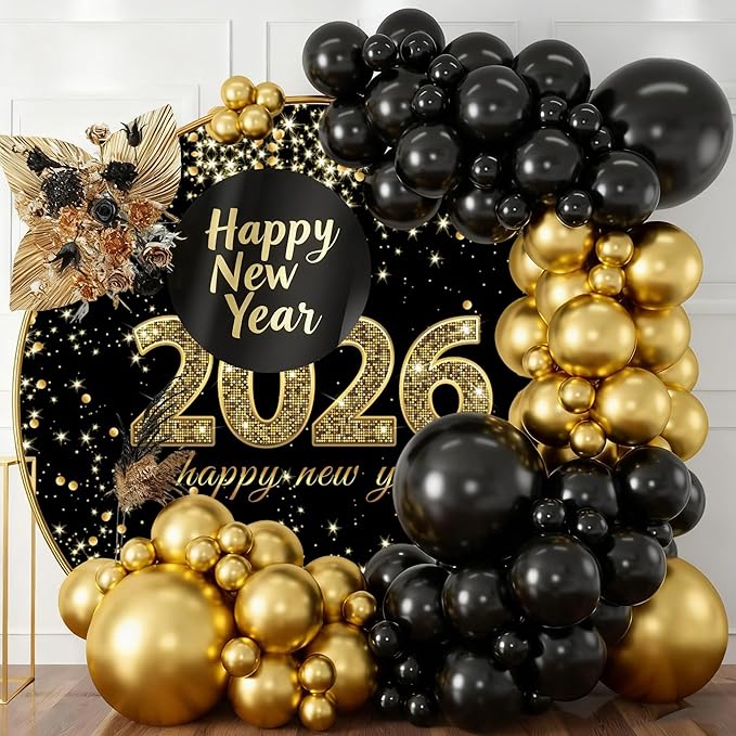 YongFoto 2026 Happy New Year Round Backdrop Cover 6ft Gold Black Photography Background Merry Christmas Xmas Eve New Year's Night Festival Carnival Family Celebration Party Banquet Decor Banner