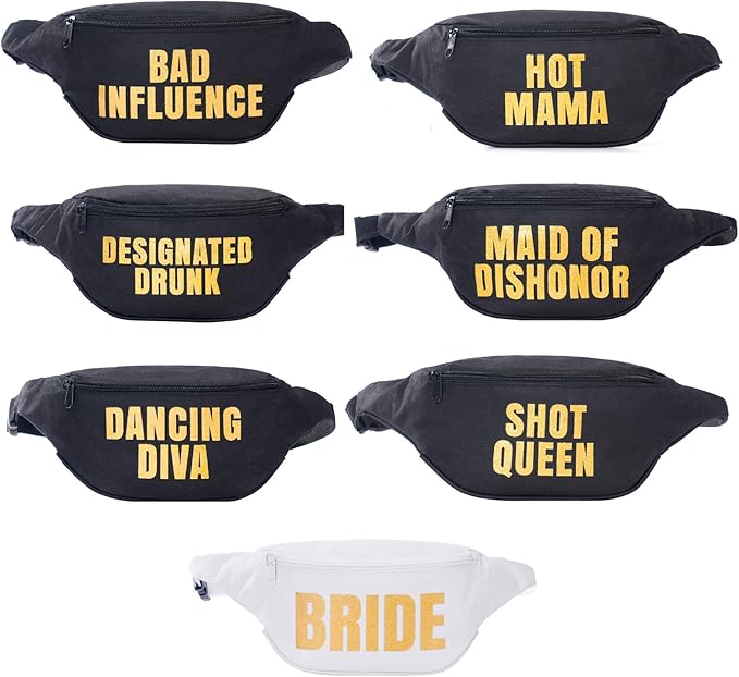 Bachelorette Fanny Pack Set (7 pack) Includes Bride Fanny Pack I Funny Fanny Packs for Bachelorette Party Favors