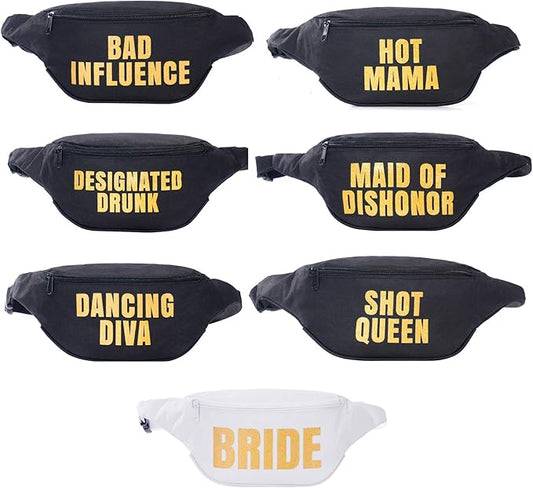 Bachelorette Fanny Pack Set (7 pack) Includes Bride Fanny Pack I Funny Fanny Packs for Bachelorette Party Favors