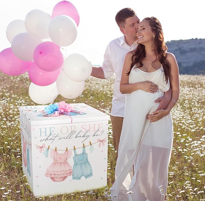 AmazingSpark 28in Jumbo Gender Reveal Gift Box Kit with Oversized Box Giant Pull Bows for Gender Reveal Baby Shower Birthday Party Decor (Baby Clothes)