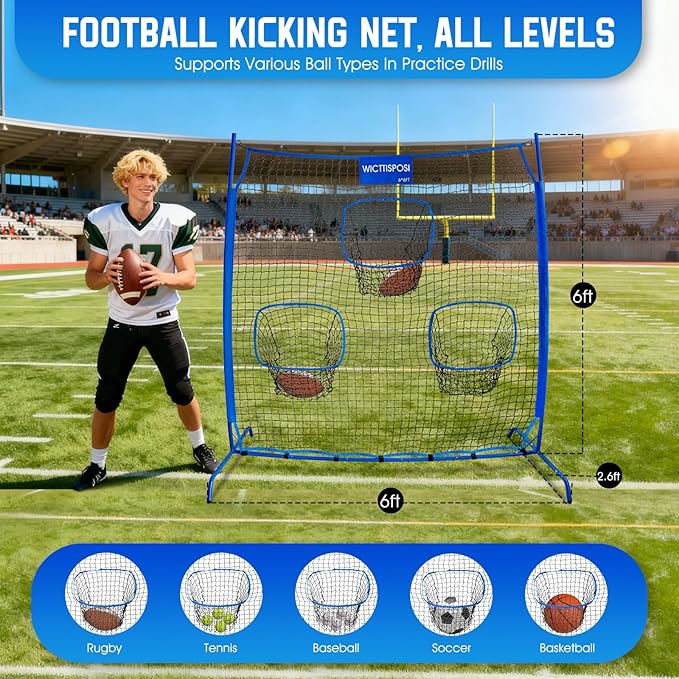 Football Throwing Net, Upgrade Heavy Duty Metal Frame Quarterback Training Equipment Throwing Machine with 1-4 Targets, Easy Setup Football Target Practice with CarryBag, Allweather Indoor Outdoor Use