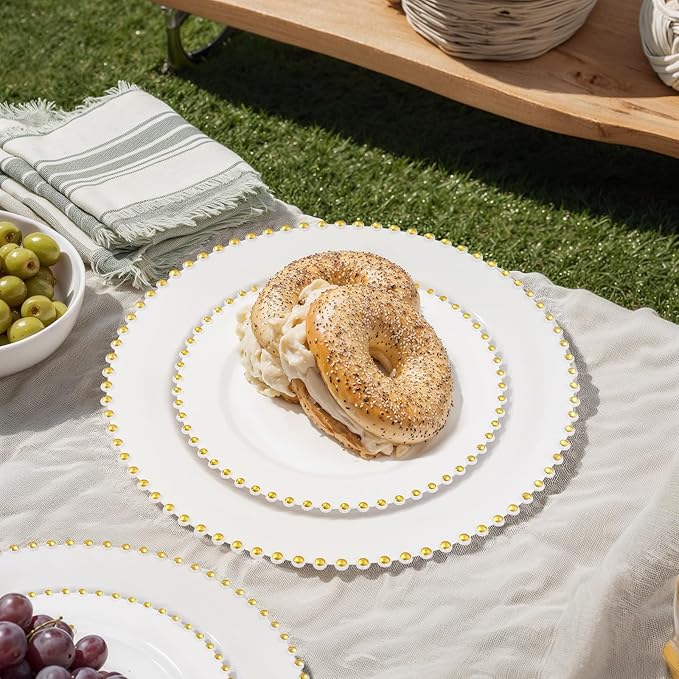 supernal 100pcs White Plastic Plates with Gold Beads - Heavy Duty Elegant Disposable Plates Set Include 50 White Plastic Dinner Plate and 50 Dessert Plate Perfect for Party,Wedding,Bridal Shower