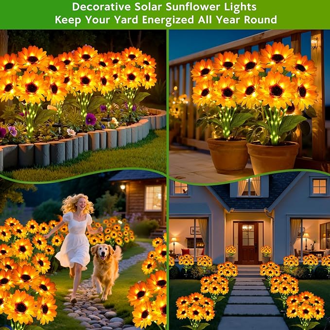 Solar Garden Lights Outdoor, 3 Pack Solar Sunflower Lights with 18 Head 3.4 Inch Flowers, Waterproof Flowers Light Fall Thanksgiving Decorations for Garden Yard Patio Backyard, Gifts for Mom Women