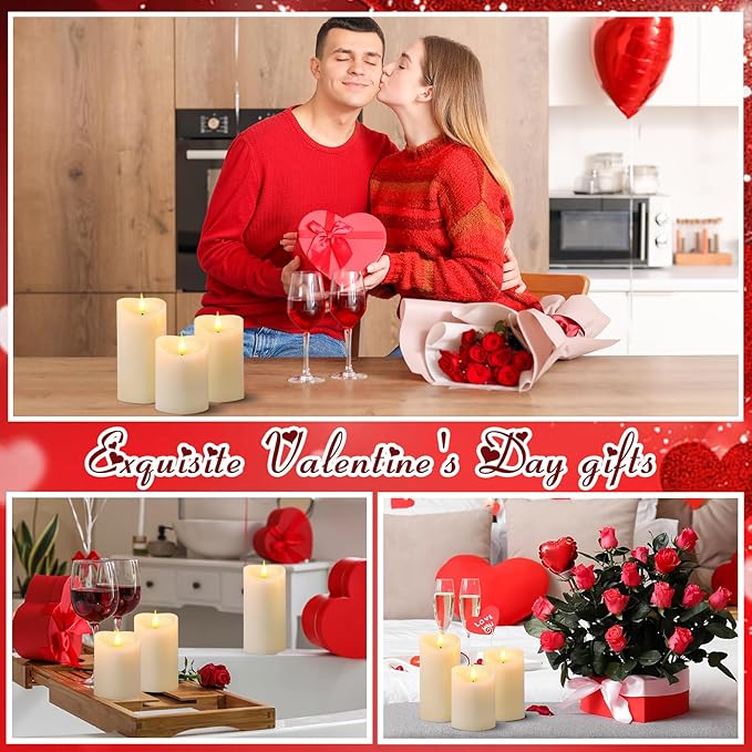 Retisee 3 PCS Valentine's Day Heart Pillar Candle - 4" 5" 6" LED Battery Operated Flameless Candle with Remote for Valentine Women Romantic Home Weeding Decoration Gift(Ivory)