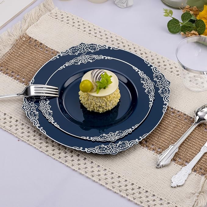 350PCS Navy Blue Plastic Plates for 50 Guests, Disposable Plates with Gold Trim include 50 Dinner and Dessert Plates, 150 Gold Silverware, 50 Cups, 50 Napkins for Party, Wedding & Graduation