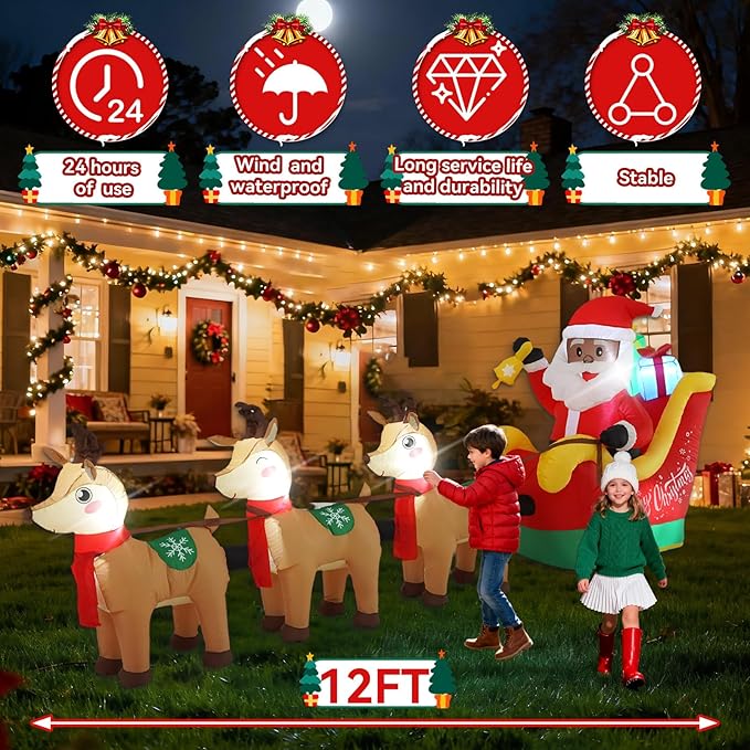 12 FT Sanlu Santa Claus Sleigh Outdoor Inflatable with LED Lights for Christmas Holiday Party Decoration, Winter Garden Decoration