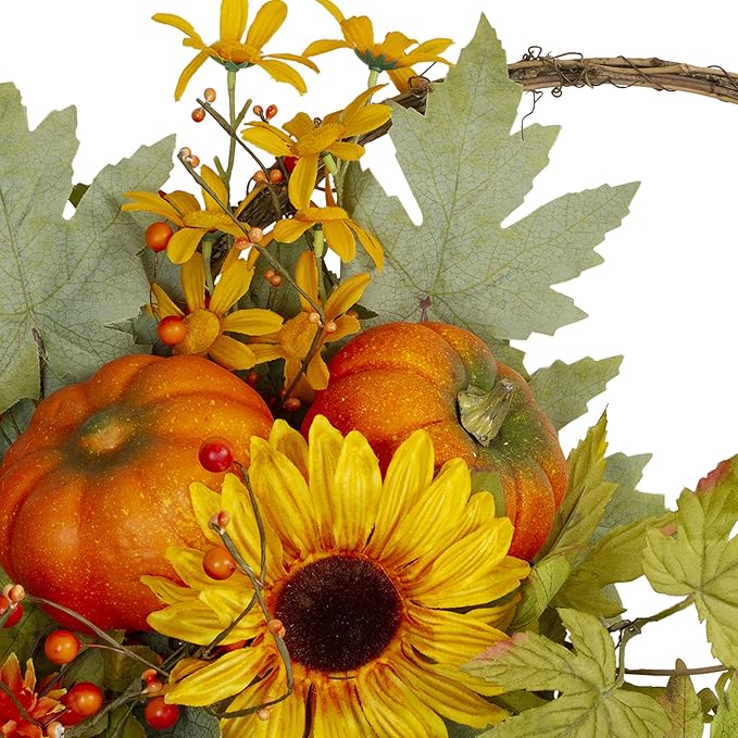 Cornucopia and Sunflower with Pumpkins Artificial Thanksgiving Wreath - 20-Inch, Unlit