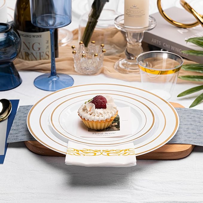 N9R 700PCS Gold Disposable Dinnerware Set for 100 Guests, White Plastic Plates with Gold Rim, Include 100 Dinner & Dessert Plates, Plastic Silverware Set, Cups, Napkins for Party and Wedding