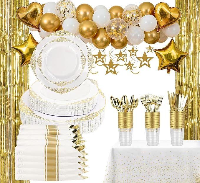 Feagar 175PCS Disposable Plates Set for 25 - Elegant Gold Dinnerware for Party, Wedding, Holiday & Birthday, Includes Dinner & Dessert Plates, Cutlery, Cups, Napkins, Tablecloth & Balloon Decor
