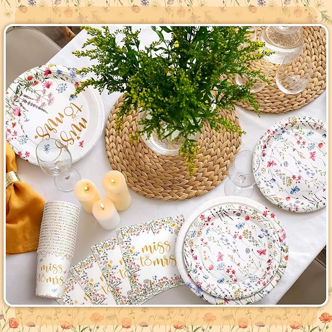 Zhehao 250 Pcs Miss to Mrs. Bridal Shower Plates Napkins Sets 50 Pcs 9'' Dinner Plates and 7'' Dessert Plate and 9oz Cups 100 Napkins Serves 50 Party Supplies Bridal Shower Engagement Decoration