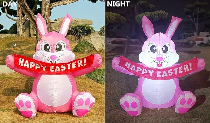 Dearsun 5FT Adorable Easter Inflatable Bunny Holding a Banner, Easter Blow up Yard Decorations Giant Pink Bunny with LED Lights for Holiday Party Indoor Outdoor Decor