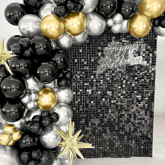 4FT x 6FT Black Shimmer Wall Backdrop,Shiny Sequins,24PCS Sequins Backdrop Decoration Panels, Glitter Bling Photo Background Decorations for Birthday Party Wedding Engagement Anniversary Graduation