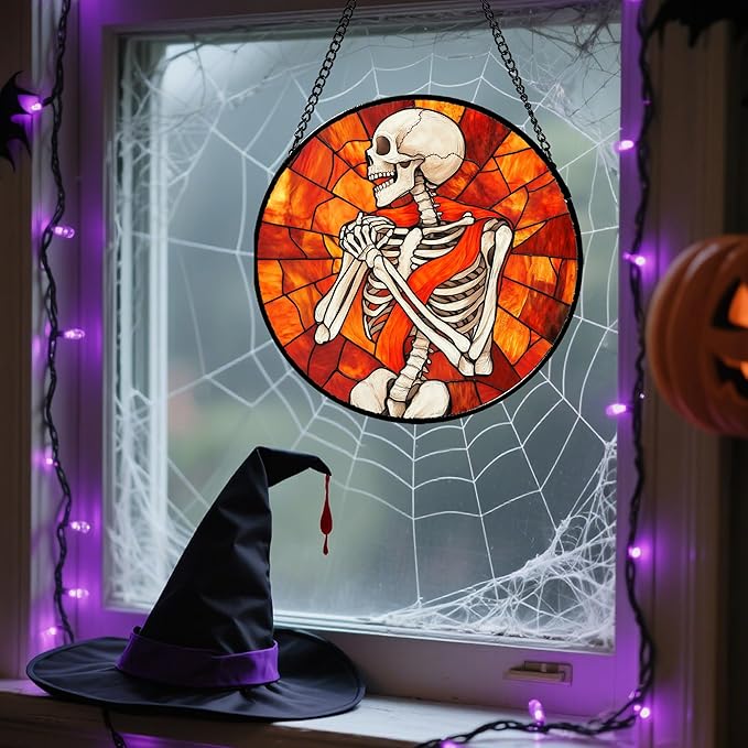 Stained Glass Window Hanging - Halloween Decorations Fear Skeleton Suncatcher for Doors Garden Indoor Spooky Funny Sun Catchers Gothic Decor Horror Gifts for Women Men Friend 15 in