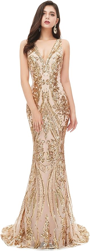 Women's Double V-Neck Sequins Lace-up Mermaid Evening Dress