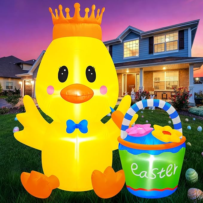 Danxilu 6 FT Tall Easter Inflatables Outdoor Decorations, Giant Blow Up Chick with Flower Basket & Crown, Built-in LED Lights Yard Decor for Outside Indoor Party Patio Lawn Holiday Spring