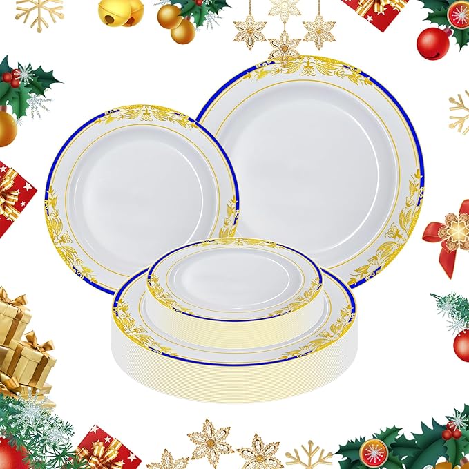MENDENG 50Pcs Disposable Plastic Plates for Party, 25x7.5Inch & 25x10.25Inch Elegant Fancy Plastic Wedding Plates Disposable, Heavy Duty Dessert Party Dinner Plates