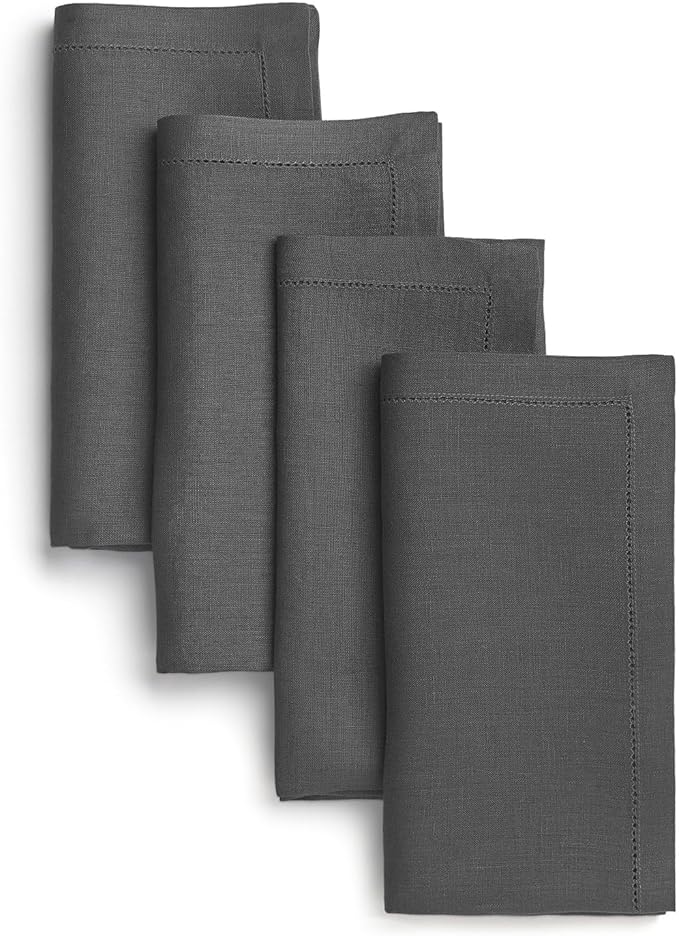 D'Moksha Homes Charcoal Grey Linen Napkins Set of 4 - Classic Hemstitch 100% Pure Linen Hemstitch Dinner Napkins 20 x 20 Inch for Spring, Easter - Handcrafted and Machine Washable