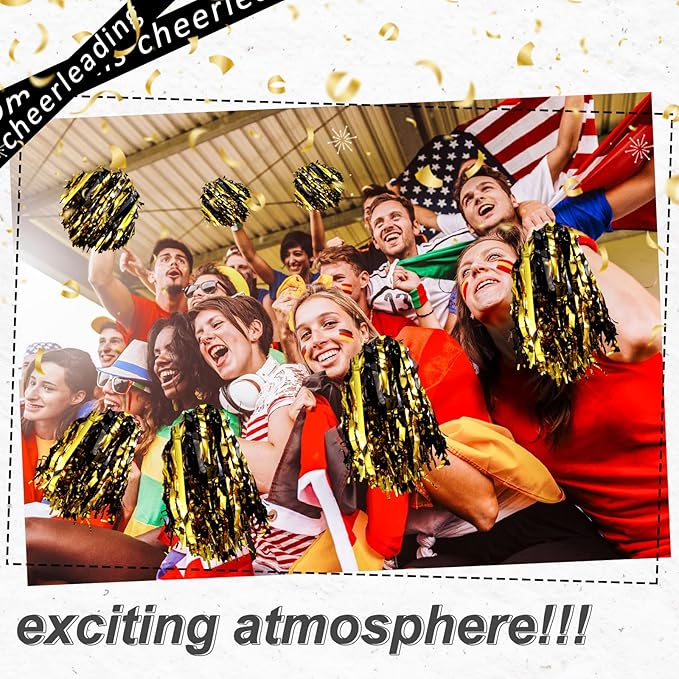 Hanaive 100Pcs Metallic Cheerleading Pom Poms with Baton Handle Cheerleader Pompom Foil 30g Cheering Squad Hand Flowers for Adults Team Spirit Sports Party Cheering