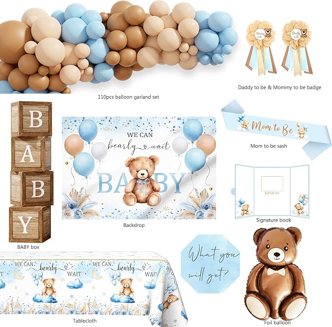 Bear Baby Shower Decorations Party Supplies, We Can Bearly Wait Baby Shower Decoration, Backdrop Balloon Arch Box Mom to Be Sash Dad to Be Pin Tablecloths Bear Balloon