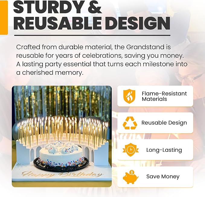 Modular Birthday Candle Holder Grandstand for Milestone Birthdays - Perfect for 40th, 50th, 60th, 70th, 80th, 90th, & 100th - Includes 100 Gold Birthday Candles - Cake Decorations