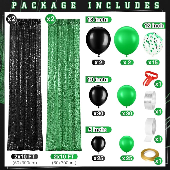137 Pcs Green Black Party Backdrop Kits- 4 Sequin Curtains Backdrop 133 Balloon Arch Kit, Glitter Photo Background for Birthday Christmas New Year Eve Graduation Anniversary Baby Shower