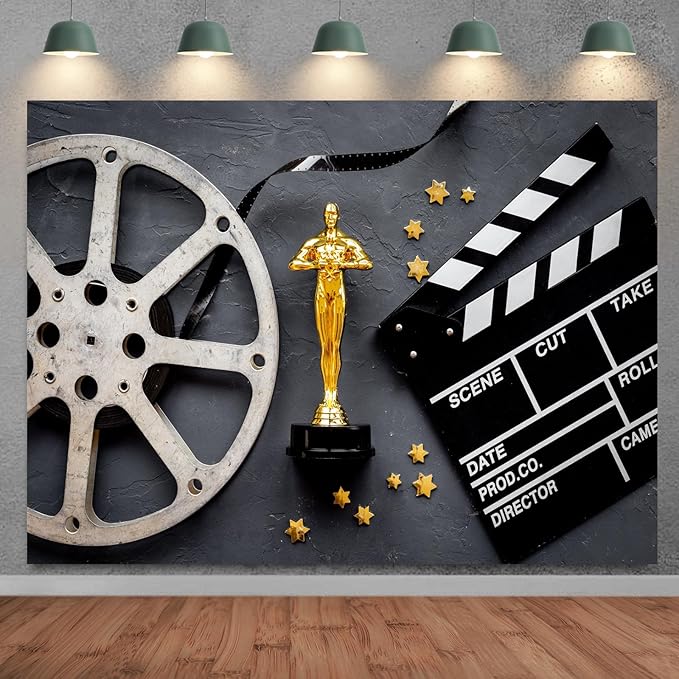 Movie Theme Backdrop 20x10ft Golden Statue and Movie Clapper Board Background Photography Show Parties Award Ceremony Award Ceremony Decorations Photo Booth Props