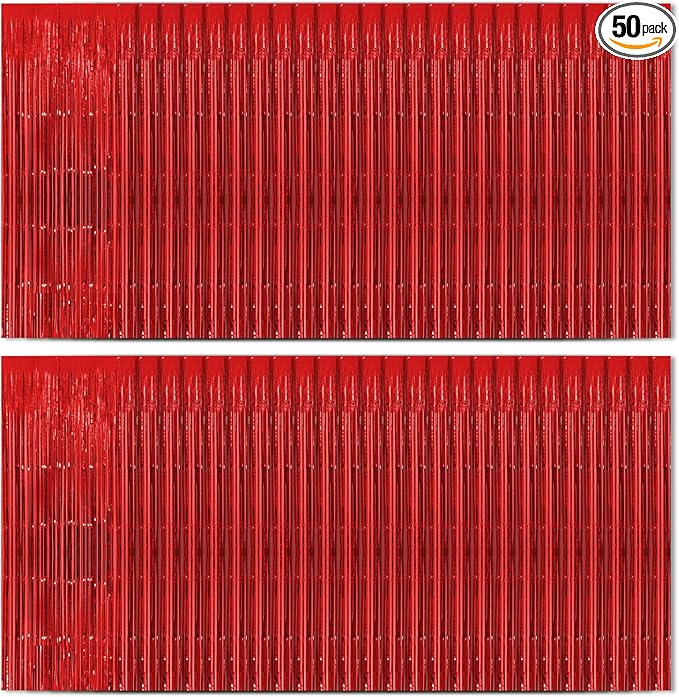 Red Foil Fringe Curtains 50 Pack 3.2ft x 8.2ft Fringe Backdrop Curtains Metallic Tinsel Streamer Photo Backdrop for Birthday Party Decorations Halloween Christmas Party Supply (Red)