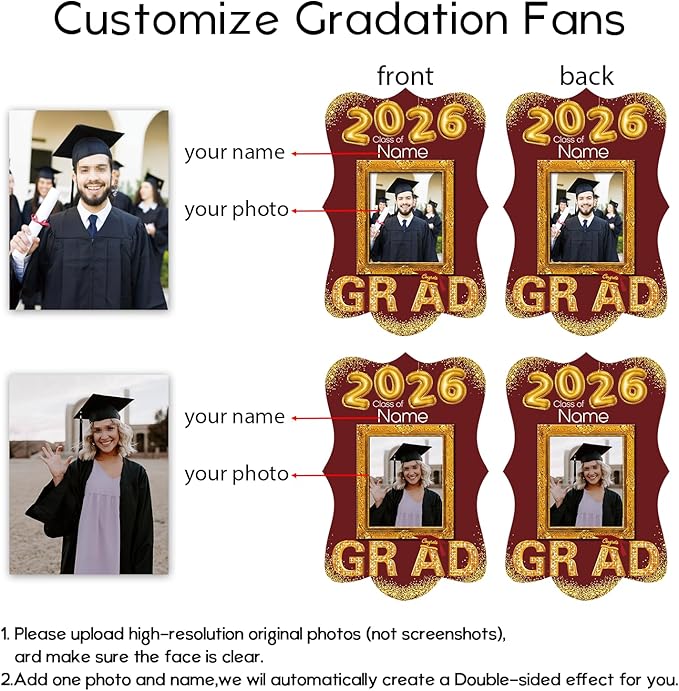 Personalized Graduation Double Sided Face Fan Class of 2026 Customized Graduation Head Face Cutout with Handle Fun Photo Prop Supplies(A-Maroon and Gold,24pcs)