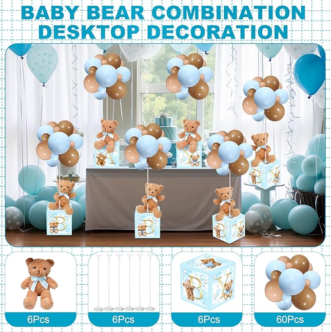 Lenwen 6 Sets Baby Letter Boxes Decorations Table Centerpieces for Baby Shower Gender Reveal,Bear Stuffed Animals Balloon with Stand Plush Toy Boxes for Birthday Party Wedding(Bear,Blue)