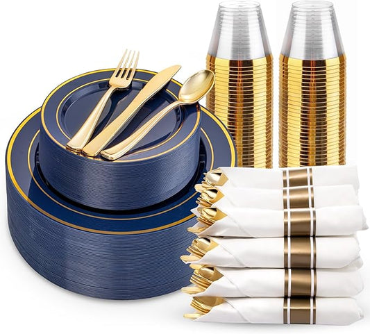 175PCS Blue and Gold Plastic Plates - Navy Blue Plates with Pre Rolled Napkins for Party - 25Guest Disposable Dinnerware Sets for Party/Birthday/Wedding