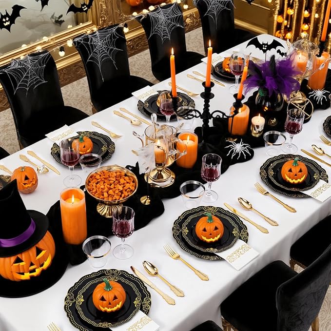 Ciaell 175 PCS Black and Gold Plastic Plates - Black Disposable Dinnerware Set with 50 Plates, 25 Knives, 25 Forks, 25 Spoons, 25 Cups, 25 Napkins for Parties and Weddings