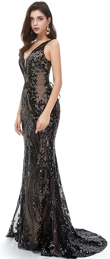 Women's Double V-Neck Sequins Lace-up Mermaid Evening Dress
