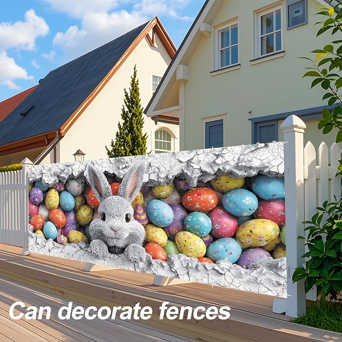 Easter Bunny with Colorful Eggs Garage Door Banner 7x16FT, Cute Bunny & Easter Egg Design, Outdoor Spring Holiday Decoration for Garage & Front Yard