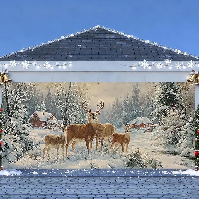 Christmas Garage Door Banner 7x16FT, Winter Reindeer Family Garage Door Cover, Large Outdoor Xmas Decoration for Garage Doors, Garden Fence & Holiday Parties