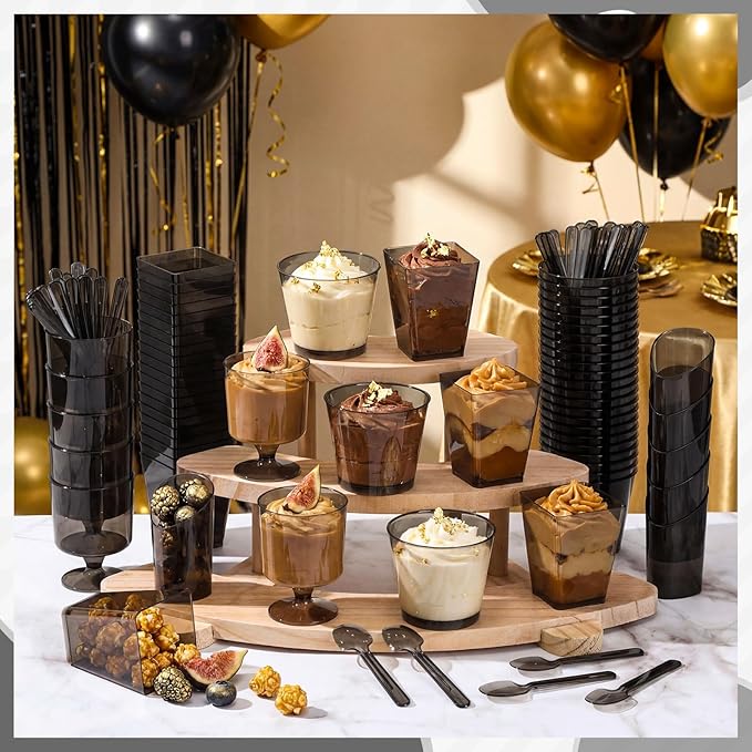 300 Pack Clear Black Mini Dessert Cups with Spoons 5oz 3oz Plastic Square Slanted Parfait Appetizer Shooter Round Goblet for Dessert Table Adult Birthday Party Pudding Ice Cream Cake Yogurt