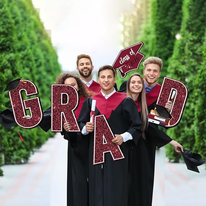 Aneco Waterproof 2026 Grad Yard Signs Plastic Graduation Yard Signs Party Outdoor Lawn Decorations 16 Inches Glitter Congrats Grad Lawn Sign with Stakes for Outdoor Party Garden Decor (Maroon)