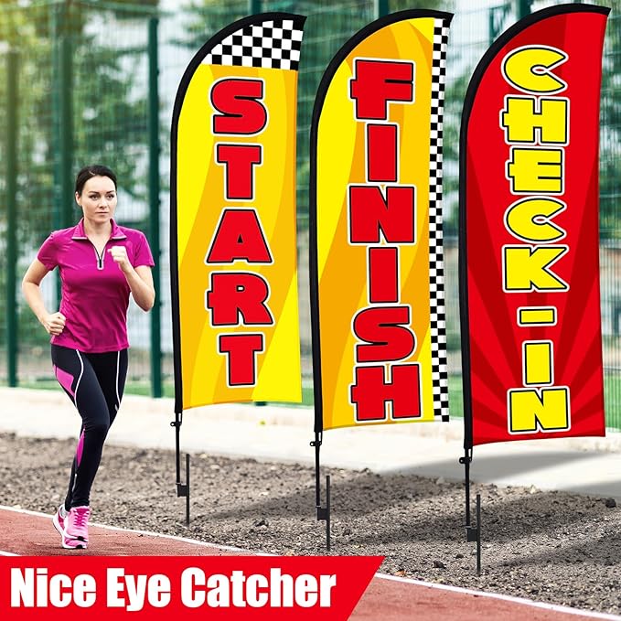 Buryeah 3 Feather Flag Start Advertising Banner Swooper Flag with Pole Kit and Ground Stake for Marathons and Special Events Outsid (12 ft,Red and Yellow)